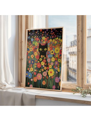 Ninastore Gustav Klimt Bahçe Kedisi Baskısı - Siyah Kedi Sanatı - Çiçekli Poster - Komik Kedi Hediyesi -