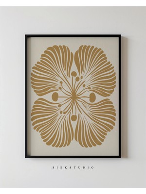 Ninastore Soyut Altın Çiçekli Duvar Sanatı - Modern Minimal Botanik Baskılı Bej Çiçek Desenli Sanat Eseri