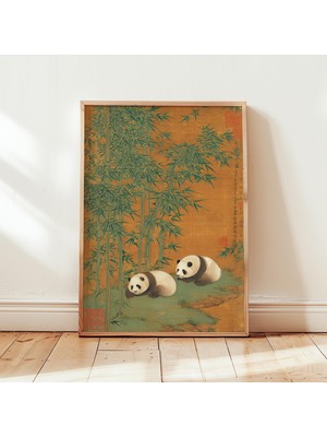 Ninastore Panda Duvar Sanatı Baskısı - Iki Pandalı Vintage Asya Bambu Tablosu - Sakin Ev Dekorasyonu Için