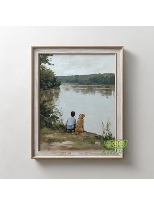 Ninastore Vintage Çocuk ve Köpek Duvar Sanatı - Huzurlu Nehir Manzarası Baskısı - Nostaljik Çocuk Odası