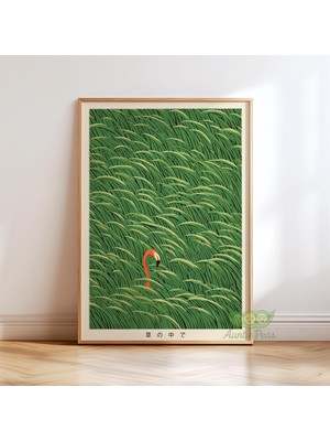 Ninastore Japon Flamingo Baskısı - Vintage Ukiyo-E Tarzı Duvar Sanatı - Minimalist Hayvan Posteri - Asya