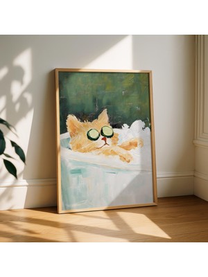 Ninastore Kedi Banyosu Baskısı – Küvette Komik Turuncu Kedi – Kedi Baskılı Duvar Sanatı – Rahatlatıcı Kedi