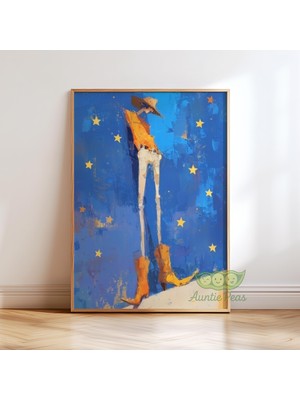 Ninastore Batı Kovboyu Duvar Sanatı - Soyut Yıldızlı Gece Tablosu - Modern Figüratif Sanat Eseri - Mavi