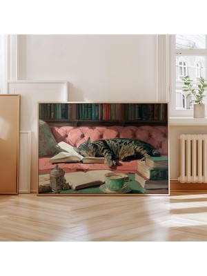 Ninastore Tekir Kedi Duvar Sanatı - Uyuyan Kedi Kitap Sanatı - Rahat Okuma Kedisi Baskısı - Vintage Kütüphane