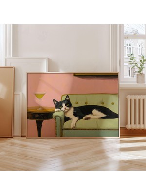 Ninastore Smokinli Kedi ve Martini Sanat Baskısı - Kokteyl Bar Arabası Dekoru - Kedi Duvar Sanatı - Sevimli,