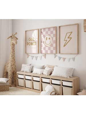 Ninastore Kız Gücü - 3'lü Baskı Seti - Pembe Hardal Bebek Odası - Kareli Gülen Yüz Posteri - Nötr Çocuk Odası
