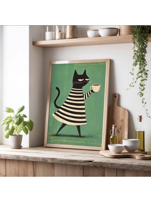 Ninastore Minimalist Siyah Kedi Baskısı, Kahvesiyle Keyif Yaparken - Orta Çağ Moderni Kedi Sanatı - Yeşil