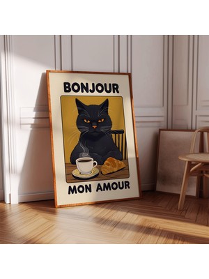 Ninastore Bonjour Mon Amour Baskısı: Komik Kedi Mutfak Duvar Sanatı (Baskı)