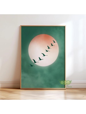 Ninastore Zümrüt Yeşili Japandi Duvar Sanatı - Uçan Kuşlar Minimalist Baskı - Modern Soyut Ay Posteri - Zen