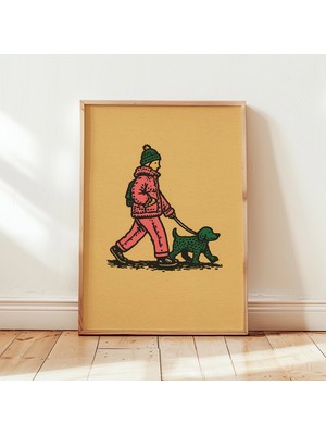 Ninastore Köpek Gezdirme Posteri | Minimalist Figür Illüstrasyon Duvar Sanatı | Vintage Tarzı Grafik Baskı |