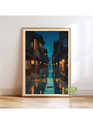 Ninastore Yağmurlu Japon Sokak Duvar Sanatı - Fenerli Sokak Gece Baskısı - Vintage Japon Şehir Manzarası -