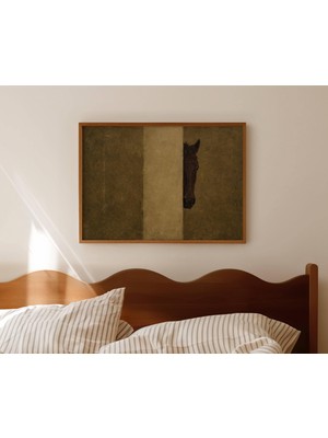 Ninastore Minimalist Soyut At Haki Yeşil Yağlı Boya Tablo Baskısı - Yatay Çağdaş Duvar Sanatı - Elle Çizilmiş