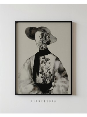 Ninastore Botanik Kadın Figürü Portresi - Nötr Monokrom Çağdaş Figüratif Sanat Eseri - Iskandinav Tarzı