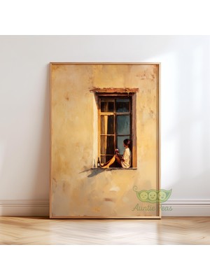Ninastore Şarap Içen Kadın Duvar Sanatı - Akdeniz Pencere Manzarası Baskısı - Italyan Estetiği Poster - Rahat