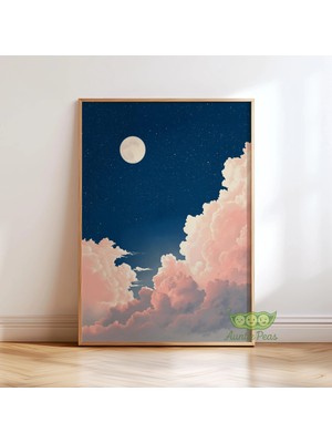 Ninastore Ay ve Bulutlar Duvar Sanatı - Rüya Gibi Gece Gökyüzü Baskısı - Retro Göksel Poster - Pembe Bulut