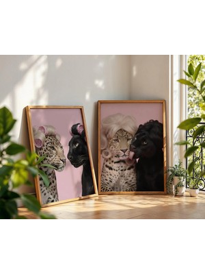 Ninastore Leopar Siyah Panter Duvar Sanatı Seti | Komik Pembe Orman Kedileri Baskıları (Baskı)