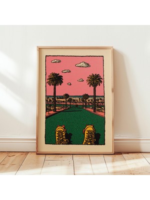 Ninastore Paten Posteri | Sahil Yürüyüş Yolu Sanat Baskısı | Retro Yaz Illüstrasyonu | Kıyı Duvar Dekoru