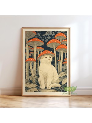 Ninastore Kedi Mantar Şapka Duvar Sanatı - Neşeli Kedi Baskısı - Fantastik Orman Sanat Eseri - Vintage Halk