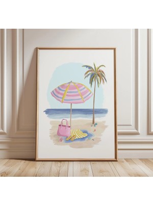 Ninastore Plaj Şemsiyesi Posteri | Sahil Yazı Duvar Sanatı | Deniz Kenarı Rahatlama Baskısı | Tatil