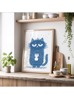 Ninastore Kahve Içen Şirin Kedi Duvar Sanatı - Huysuz Sabah Kedisi Baskısı - Komik Kedi Sever Hediyesi -