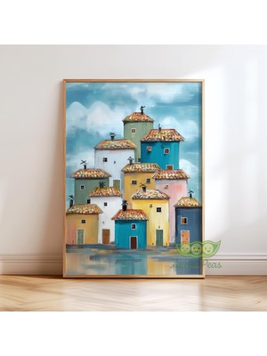 Ninastore Renkli Sahil Evleri Tablosu - Akdeniz Köyü Baskısı - Pastel Şehir Duvar Sanatı - Avrupa Sahili
