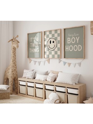Ninastore Yaşasın Çocukluk - Adaçayı Yeşili Çocuk Odası - Kareli Çocuk Odası Posteri - Erkek Bebek Odası