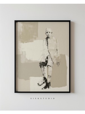 Ninastore Soyut Oturan Çocuk Figürü Portresi - Modern Nötr Silüet Sanat Eseri - Minimalist Iskandinav Yatak