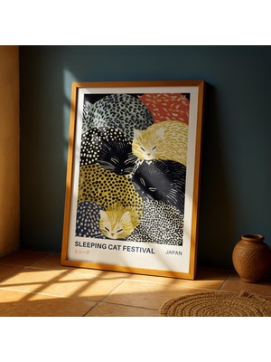 Ninastore Uyuyan Kedi Duvar Sanatı Baskısı – Yayoi Kusama Esintili Japon Kedi Posteri – Japandi Hayvan Duvar