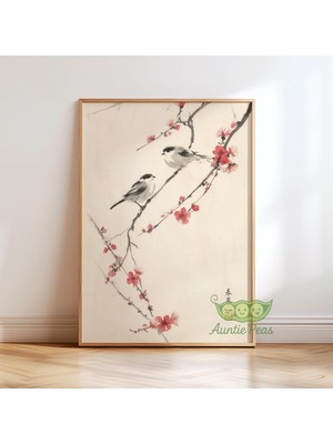Ninastore Kiraz Çiçeği Kuş Duvar Sanatı - Japon Doğa Baskısı - Sumi Mürekkebi Kuş Posteri - Zen Hayvan Sanatı