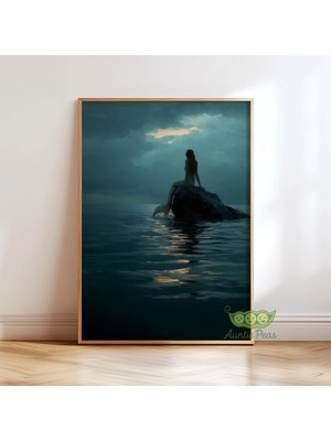Ninastore Hüzünlü Deniz Kızı Duvar Sanatı - Rüya Gibi Okyanus Fantazisi Baskısı - Karanlık Kıyı Deniz Sanat