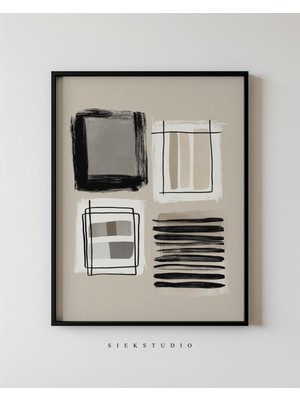 Ninastore Soyut Minimalist Blok Çizgi Çizim Sanatı - Modern Siyah ve Bej Beyaz Duvar Baskısı Nötr Geometrik