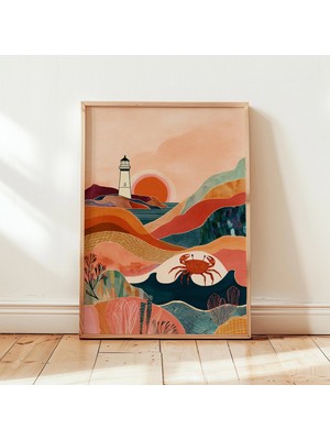 Ninastore Kıyı Manzarası Posteri - Deniz Feneri Gün Batımı Sanatı - Soyut Plaj Sahnesi - Modern Duvar Dekoru