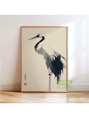 Ninastore Japon Turnası Mürekkep Duvar Sanatı - Minimalist Zen Kuş Baskısı - Balıkçıl Kuşu Sanatı -