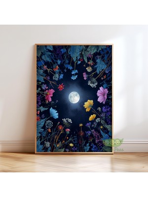 Ninastore Ay Işığında Çiçek Bahçesi Posteri - Botanik Gece Gökyüzü Duvar Sanatı - Büyülü Çiçek Baskısı - Kır