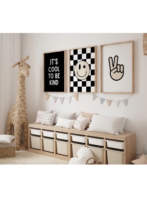 Ninastore Nazik Olmak Havalıdır - Siyah Beyaz Çocuk Odası - Kareli Çocuk Odası Posteri - Erkek Bebek Çocuk