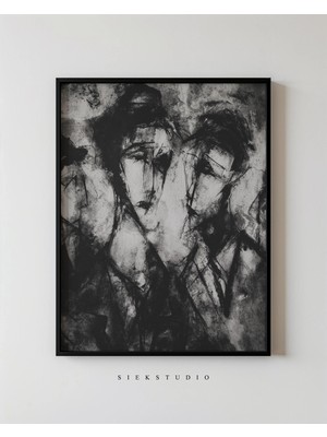 Ninastore Modern Siyah Beyaz Duvar Sanatı - Koyu Kömür Tonlarında Soyut Figüratif Portre Sanat Baskısı,