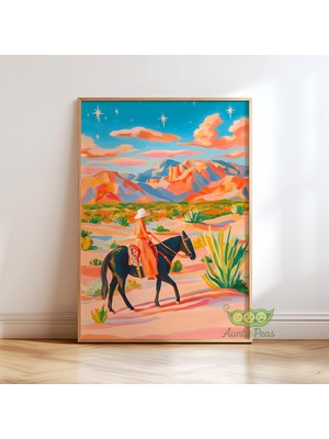 Ninastore Renkli Kovboy Kız Batı Tarzı Baskı - Orta Çağ Çöl Sanatı - Canlı Güneybatı Manzara Posteri - Retro