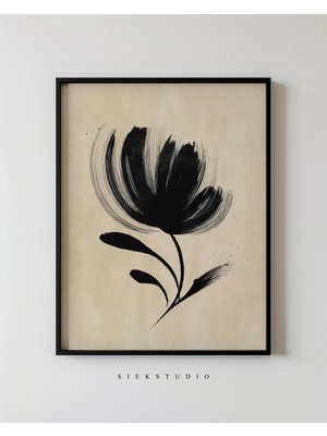 Ninastore Soyut Fırça Çiçeği Duvar Sanatı Baskısı - Minimalist Siyah Botanik Sanat Eseri - Modern Nötr