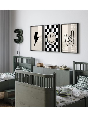 Ninastore Rock And Roll Posteri - 3'lü Set - Siyah Bej Çocuk Odası - Kareli Çocuk Odası Posteri - Erkek Bebek