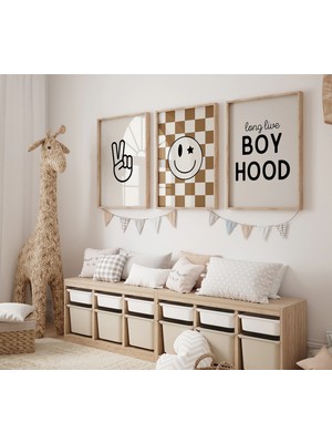Ninastore 3'lü Pas Baskılı Kareli Bebek Odası Posteri Seti - Erkek Bebek Çocuk Odası Dekorasyonu - Küçük