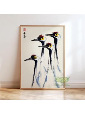 Ninastore Soyut Turna Duvar Sanatı - Japon Mürekkep Resmi - Minimalist Kuş Baskısı - Oryantal Suluboya Sanat