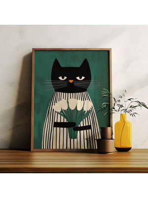 Ninastore Lalelerle Siyah Kedi Duvar Sanatı - Neşeli Kedi Dekorasyonu - Orta Çağ Moderni Kedi Baskısı - Yeşil