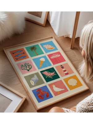 Ninastore Deniz Kenarı Sanat Baskısı: Renkli El Çizimi Illüstrasyon - Yatak Odası - Banyo - Koridor - Renkli