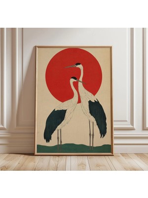 Ninastore Japon Turnası Posteri | Kırmızı Güneş Kuşu Sanat Baskısı | Minimalist Oryantal Duvar Sanatı | Zen