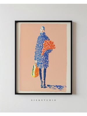 Ninastore Şeftali Tonlarında Minimalist Soyut Kadın Illüstrasyonu, Çiçeklerle - Modern Çağdaş Sanat