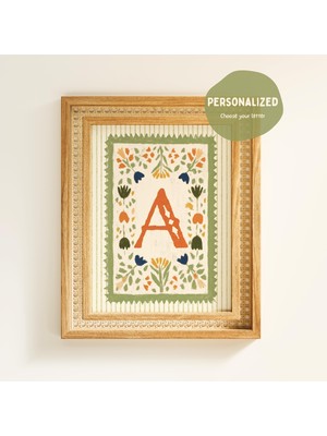 Ninastore Kişiselleştirilmiş Bebek Odası Baş Harf Baskısı - Masal Kitabı Alfabe Sanatı - Halk Çiçekli Harf -