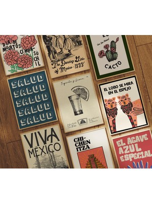 Ninastore Retro Meksika Sanat Baskıları - Ispanyol Galeri Duvar Sanatı (Baskı - 9'lu Set)