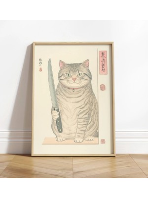 Ninastore Japon Kedi Baskısı: Bıçaklı Komik Tekir Kedi - Ukiyo-E Mutfak Sanatı
