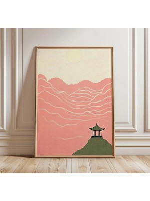 Ninastore Dağ Gün Batımı Posteri | Japon Manzara Duvar Sanatı | Minimalist Pembe Doğa Baskısı | Zen Pagoda