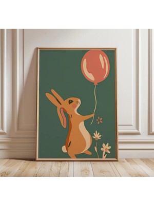 Ninastore Tavşan Balon Posteri | Sevimli Hayvan Duvar Sanatı | Çocuk Odası Baskısı | Minimalist Çocuk Odası